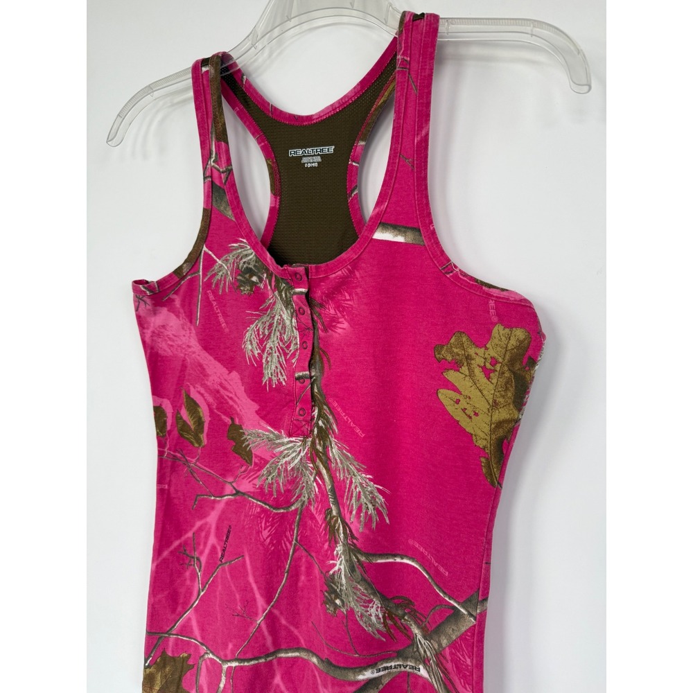 Realtree Womens RT Hot Pink Camo Mesh Racerback Henley Tank Top S Grunge Granola